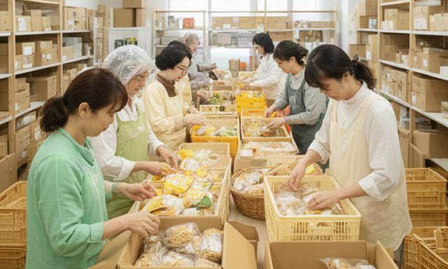 地域のフードバンクで食品を仕分けるスタッフとボランティア