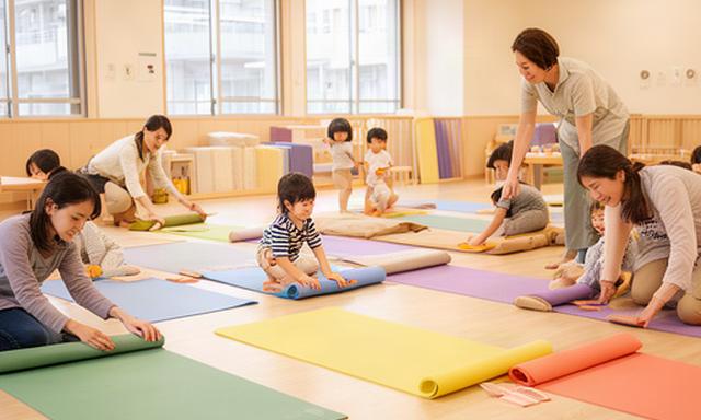 横浜市内の児童養護施設で子どもたちがヨガマットを広げる活動風景