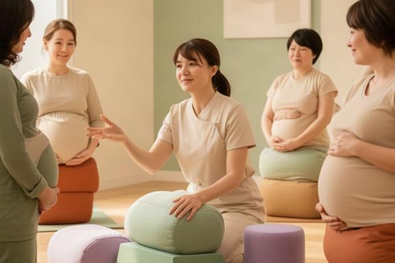 横浜のマタニティ教室で助産師が妊婦向けヨガプロップスの使い方を案内している様子