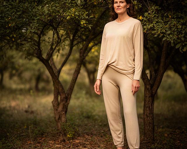 木立のそばでオーガニックコットンのヨガウェアを着て立つ女性、自然なベージュ色の服