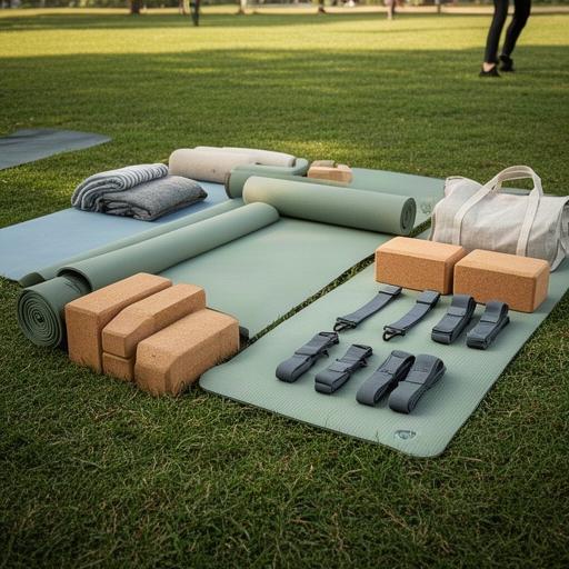 屋外ヨガ会場に並べたヨガマットとブロックの備品